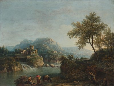 River Landscape with Figures and a Donkey by Giovanni Battista Cimaroli